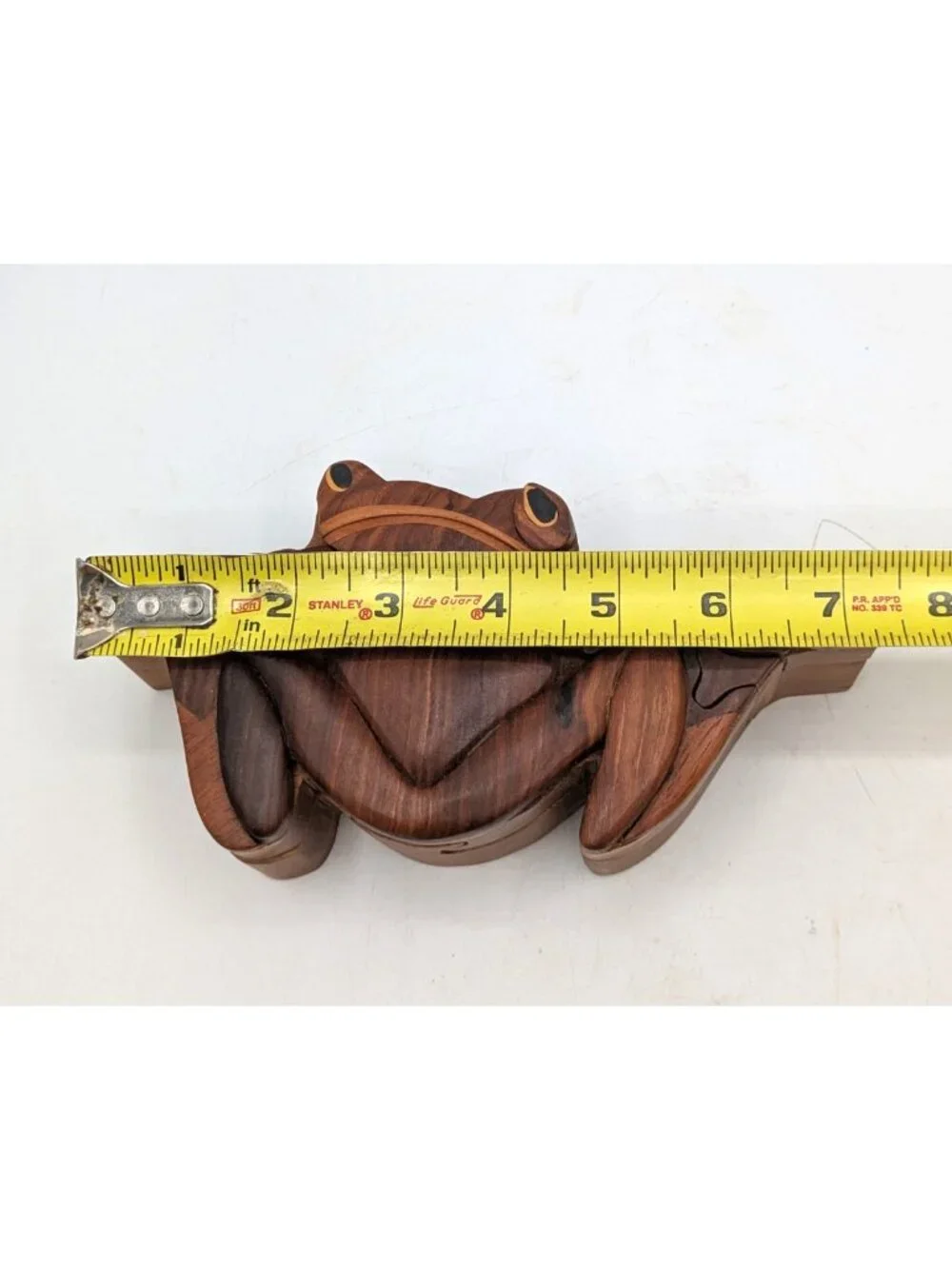 Vintage Wood Marquetry Tree Frog Puzzle Trinket Box Red Velvet Lining 7.5